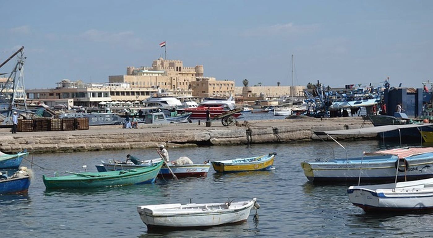 Fishing boats in front of the Citadel of Qaitbay, Alexandria