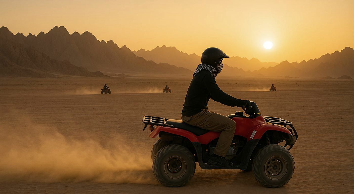 Quad bike rider in the desert at sunset